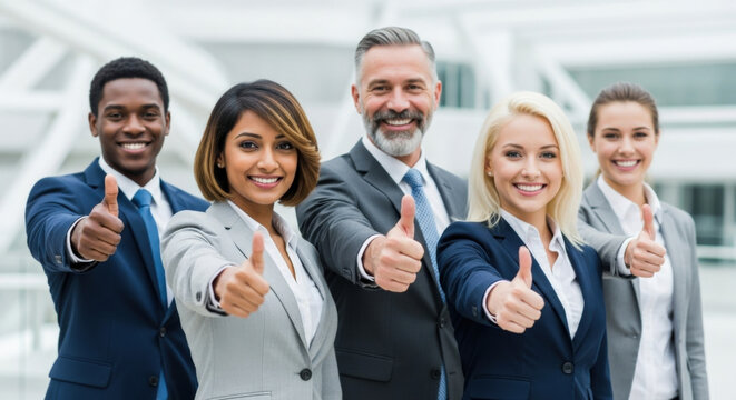 Successful multicultural business team showing thumbs up. Diverse group of corporate professionals smiling. Teamwork, agreement, positive gesture, achievement, approval, like concept.