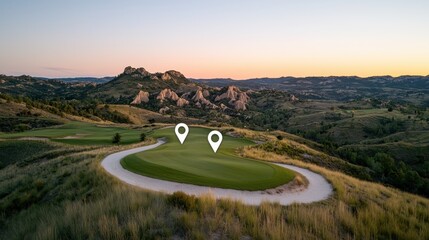 Scenic Golf Course with Unique Rock Formations and Sunset Sky Overlooking Lush Green Fairways and Nature's Beauty