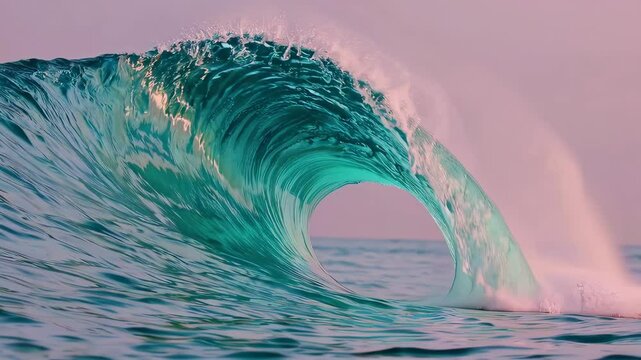 Massive turquoise ocean wave crashing at golden hour under pastel pink sky, surreal cinematic sea motion with transparent curling water and wind spray effect
