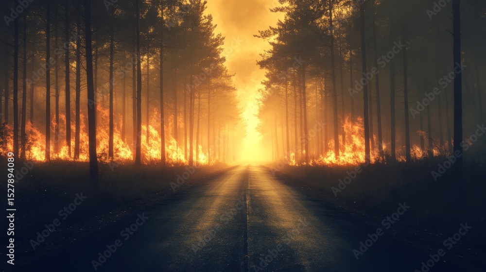 Poster a haunting view of a forest road lined with smoke from a nearby wildfire, with trees silhouetted aga