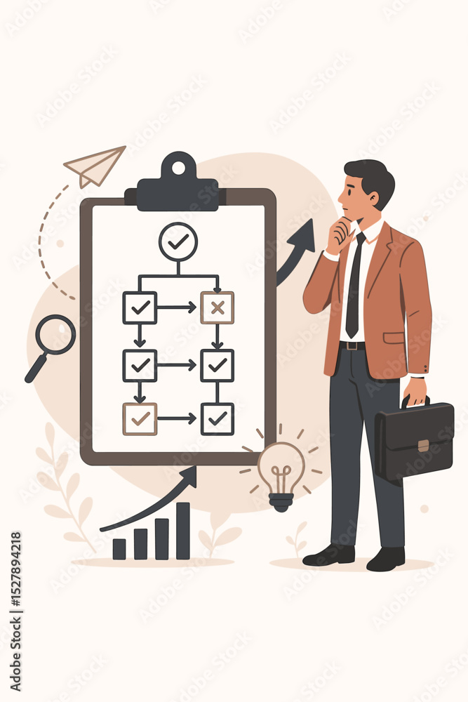 Poster career path planning and business strategy concept. thoughtful businessman analyzing a workflow flow