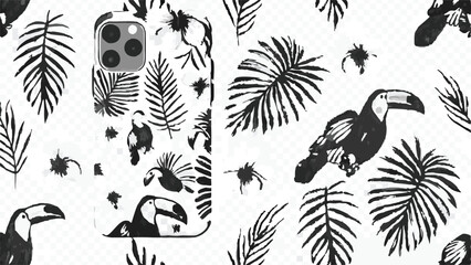 Naklejka premium Black and white toucan and tropical leaf pattern on a phone case and background design element image