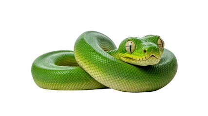 Fototapeta premium A vibrant emerald tree boa coiled on a transparent background