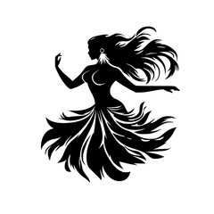 silhouette of a beautiful young woman in a long flowing dress with her hair fluttering in the wind beautiful, black, dress, girl, hair, long, silhouette, wind, woman, young , Generative art.