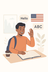 Concept of learning English. Young male student studying in the USA with an American flag. Foreign exchange pupil in an ESL class. Global education and international communication.