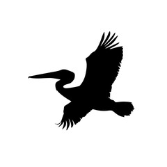 a black silhouette of a pelican or stork flying in the air bird, black, flight, fly, heron, pelican, silhouette, stork, wing , Generative art.