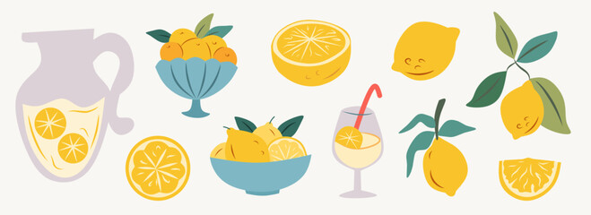 Hand drawn elegant style citrus fruits set. Vector cute cartoon doodle sketch illustration of lemons, frame, wreath, cocktail glass and lemon tree for background, card, wall decor or poster, packaging