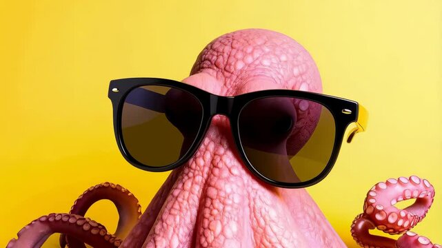 Humorous close-up studio shot of a pink octopus wearing black sunglasses against a vibrant yellow backdrop; marine invertebrate coolness
