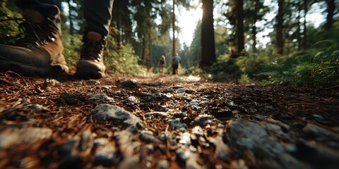 Obraz premium Ground-level, low-angle shot of a family hiking on a dirt trail in a sun-dappled forest. The focus is on the path in the foreground, with the hikers' boots visible in the background. 