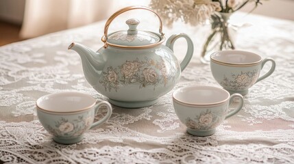 Vintage teapot with a matching set of cups on a lace tablecloth