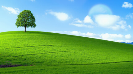 Obraz premium Serene landscape featuring single tree on lush green hill under bright blue sky with fluffy clouds, evoking sense of tranquility and peace