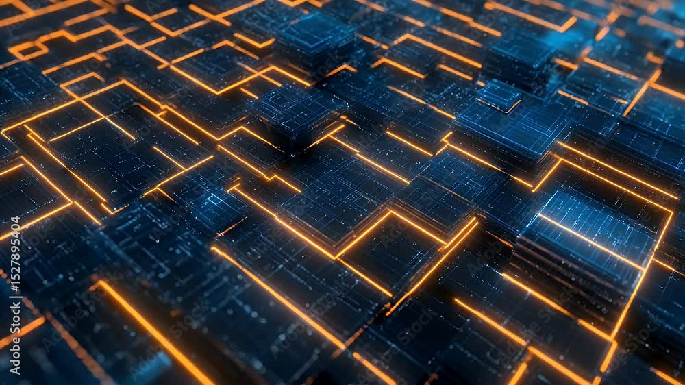 Poster abstract blue and orange network of blocks and lines with bright glow effects
