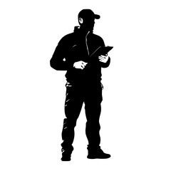 a black silhouette of a police officer or soldier with a tablet black, man, police officer, silhouette, soldier, stand, tablet , Generative art.