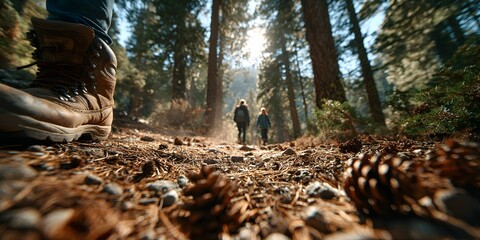 Ground-level, low-angle shot of a family hiking on a dirt trail in a sun-dappled forest. The focus is on the path in the foreground, with the hikers' boots visible in the background. 