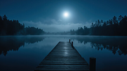 Naklejka premium Serene lake night with wooden dock extending into water, illuminated by bright full moon. scene is tranquil, surrounded by mist and trees