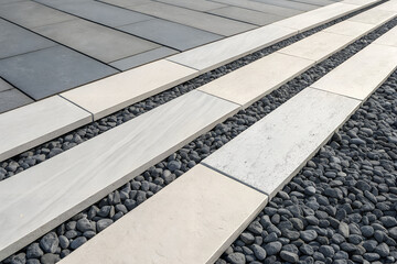 Fototapeta premium Modern landscape architecture with contrasting gray and beige stone pavers and dark pebble accents. A minimalist, linear hardscape design for patios generative ai