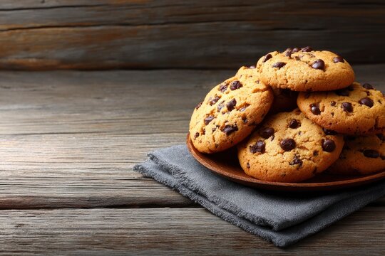 Stack of chocolate chip cookies on a clothcovered wooden plate and surface