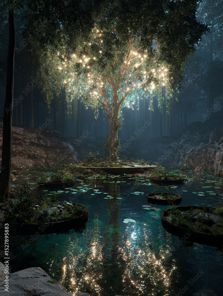 Poster a magical tree adorned with lights standing on a platform in a dark pond surrounded by a forest at n