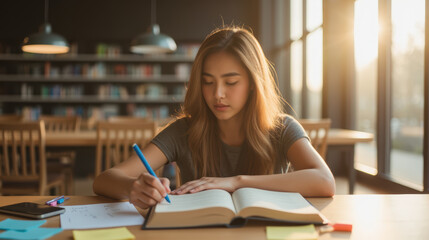 Focused student writes in notebook while studying in library, surrounded by books and natural light. atmosphere is calm and productive