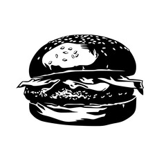 a black and white drawing of a hamburger or sandwich black, burger, drawing, hamburger, illustration, logo, sandwich, tomato , Generative art.