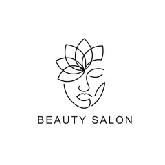 Minimalist linear logo of a beautiful woman's face with a blooming flower, perfect for beauty salons and spas.