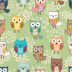 Charming owls and daisies, children's seamless pattern, illustration, vector
