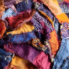 A pile of colorful pieces of fabric in various patterns and textures, ideal for crafting and sewing