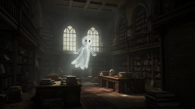 Ghost figure in a dimly lit library