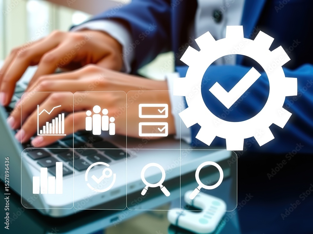 Poster businessperson working on laptop with process optimization and data analysis icons