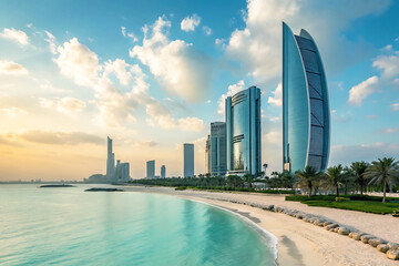 Scenic Dubai Skyline View with Azure Water Sandy Beach and Modern Architecture under a Beautiful Sky with Clouds 