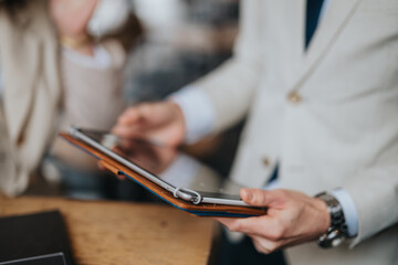 A business professional holds a tablet during a collaborative meeting, emphasizing teamwork and modern technology.