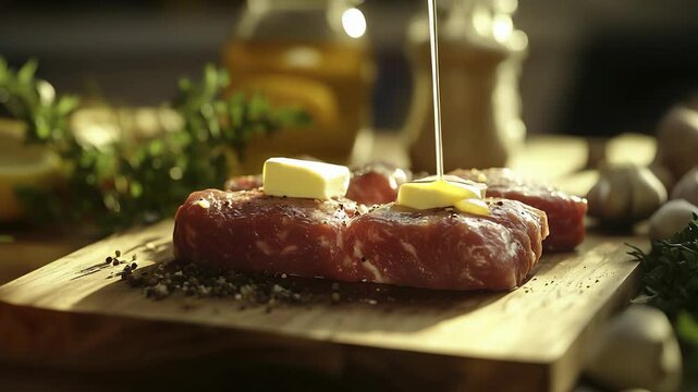 Two raw steaks on a wooden board are topped with butter and sprinkled with seasoning. Olive oil is being drizzled on the meat, with herbs and garlic in the background.