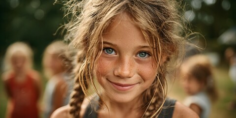 Heartwarming close-up of a joyful girl with a bright smile looking at the camera during a sunny summer camp. Other happy children are softly blurred in the background, creating a sense of friendship