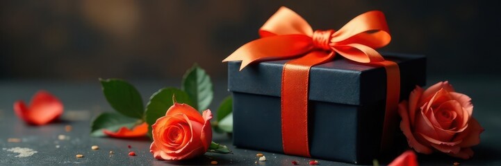 Black gift box with vibrant orange ribbon and delicate rose ,  love,  rose