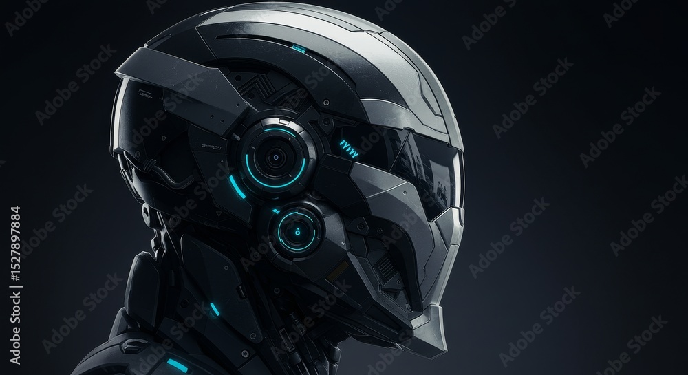 Poster futuristic robot helmet design - close-up profile view of a sleek, futuristic robot helmet with glow
