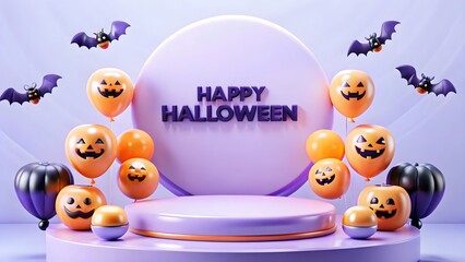 Fototapeta premium Happy Halloween! Festive 3D Render with Jack-o'-lantern Balloons, Bats, and Purple Platform Display