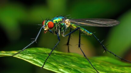 Fototapeta premium Close-up of a colorful fly on a leaf