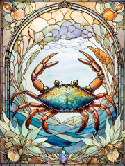 Stained Glass Art of a Vibrant Crab in an Oceanic Scene: A mesmerizing display showcasing a brilliantly-hued sea creature amidst flowing waters and blooming foliage.