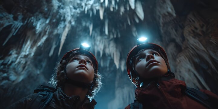Low-angle, cinematic shot of a young boy and girl exploring a vast cavern. Wearing helmets with bright headlamps, they look up in awe at dramatic stalactites, creating a mood of adventure and wonder