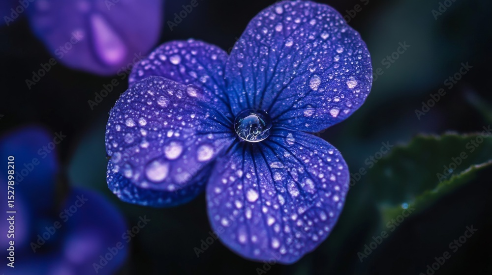 Poster A macro perspective of a violet flower with dew-covered petals, showcasing the intricate textures and colors enhanced by the sparkling droplets of water.
