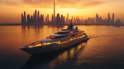 Luxury yacht at sunset on city background