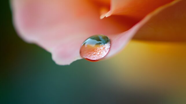 A macro shot of a single drop of water hanging from the tip of a rose petal