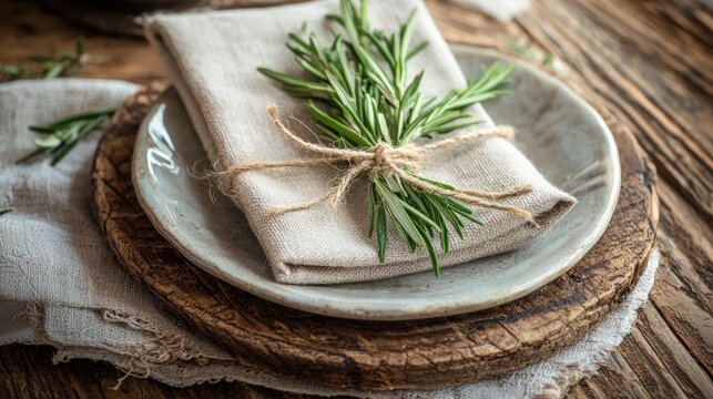 Fabric napkin tied with twine and a sprig of rosemary for a rustic look