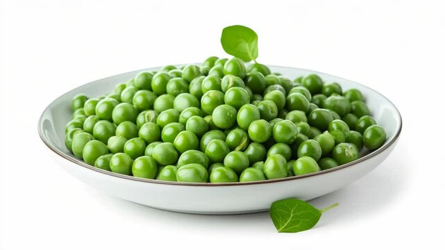 A bowl filled with fresh green peas, realistic style, placed on a white background, representing healthy organic food concept