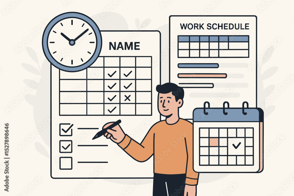 Poster efficient time management concept. man planning work schedule, organizing tasks with calendar and ch