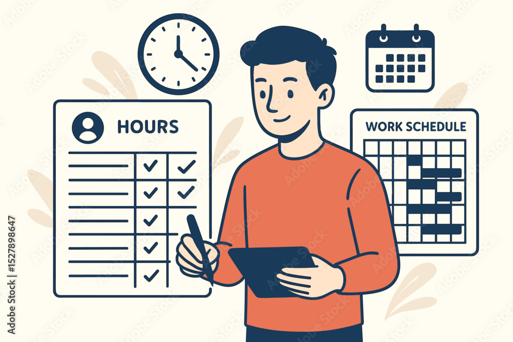 Poster efficient time management concept. man planning work schedule, organizing tasks on a checklist. busi