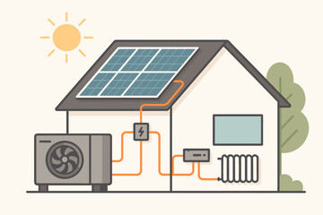 Heat pump and solar panel system for a modern house. Eco-friendly renewable energy concept. Sustainable home heating technology with photovoltaic cells and radiator. Vector scheme.
