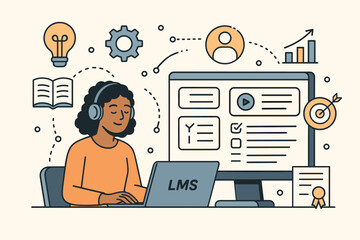 E-learning, online education concept. Woman, student at computer with LMS. Webinar, training, distance learning. Skill development, knowledge, professional growth, certification.