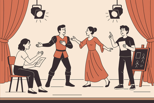 Theater rehearsal with actors and director on stage. Man and woman in costumes acting a scene from a play under spotlights. Performing arts, drama school, show production concept vector.