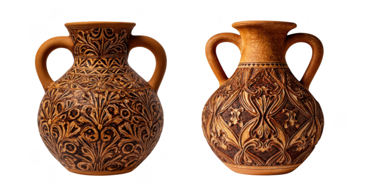 Two ornate brown clay amphorae isolated on transparent background